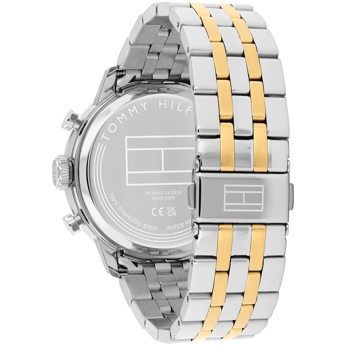 Rückseite der Herrenuhr: Edelstahlgehäuse und bicolor Gliederarmband, Gravur sichtbar