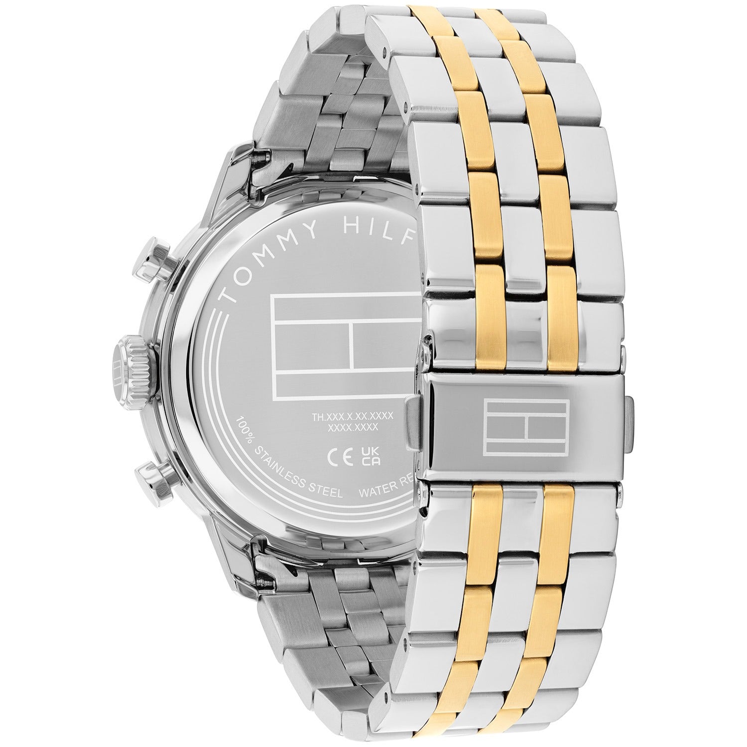 Rückseite der Herrenuhr: Edelstahlgehäuse und bicolor Gliederarmband, Gravur sichtbar