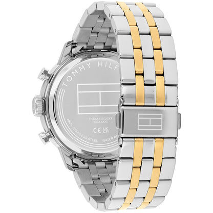 Rückseite der Herrenuhr: Edelstahlgehäuse und bicolor Gliederarmband, Gravur sichtbar