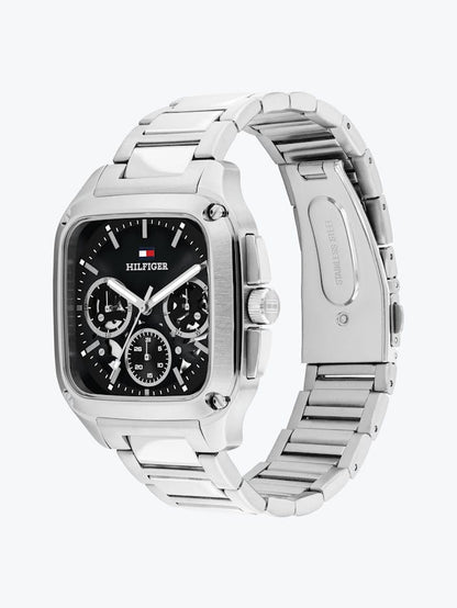 Tommy Hilfiger Herrenquarzuhr mit schwarzem Zifferblatt, Skelettdetails und Metallarmband