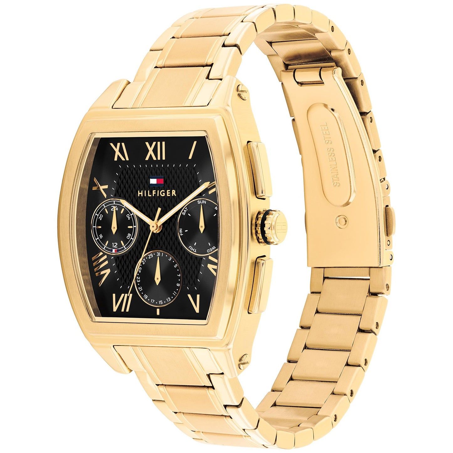 Tommy Hilfiger Uhr Frontansicht, goldfarbenes Metallband, schwarzes Zifferblatt