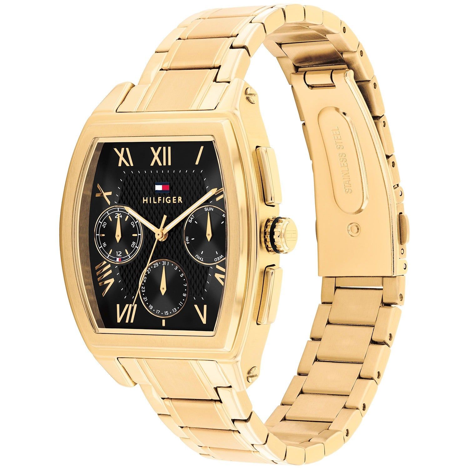 Tommy Hilfiger Uhr Frontansicht, goldfarbenes Metallband, schwarzes Zifferblatt