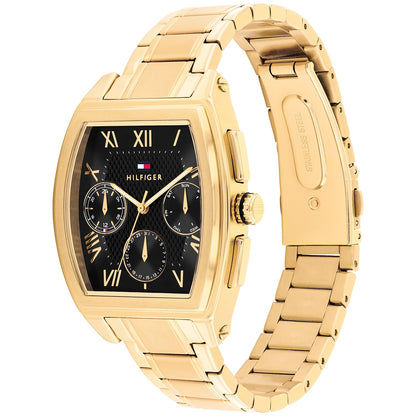 Tommy Hilfiger Uhr Frontansicht, goldfarbenes Metallband, schwarzes Zifferblatt
