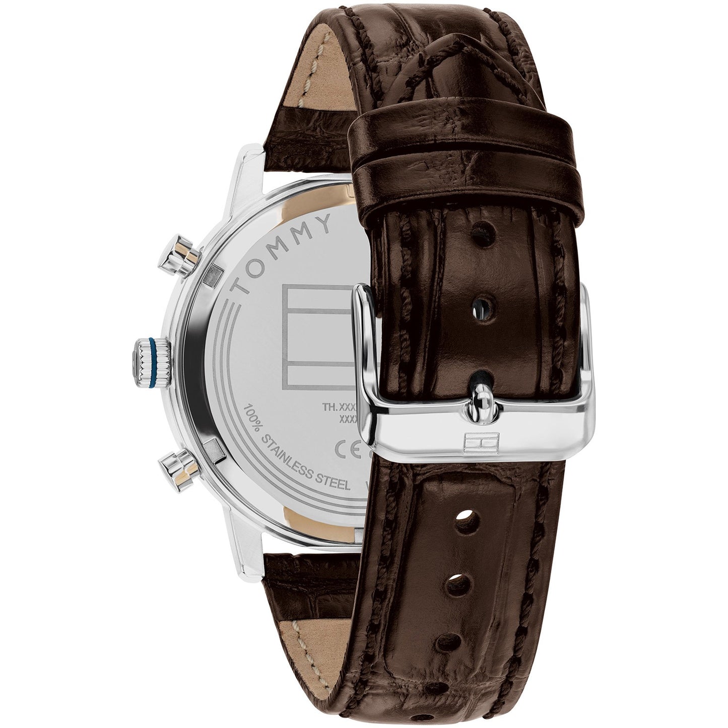 Tommy Hilfiger Chronograph-Uhr Rückseite mit braunem Lederband und Edelstahlgehäuse