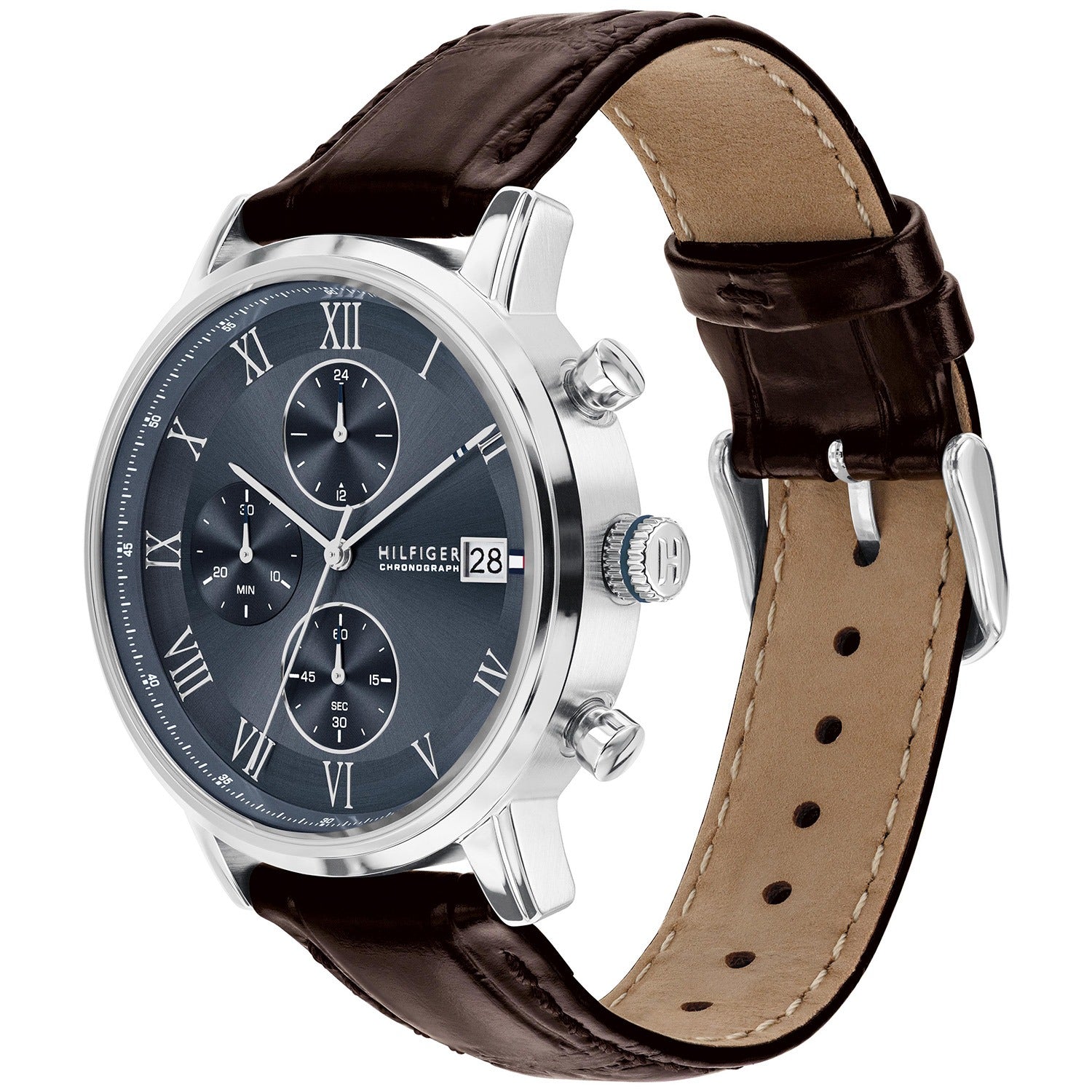 Tommy Hilfiger Chronograph-Uhr: braunes Lederband, dunkles Zifferblatt und silberne Gehäusekronen
