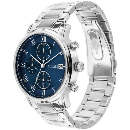 Herrenarmbanduhr, blaues Zifferblatt mit Chrono-Subdials, Edelstahlgehäuse und -armband