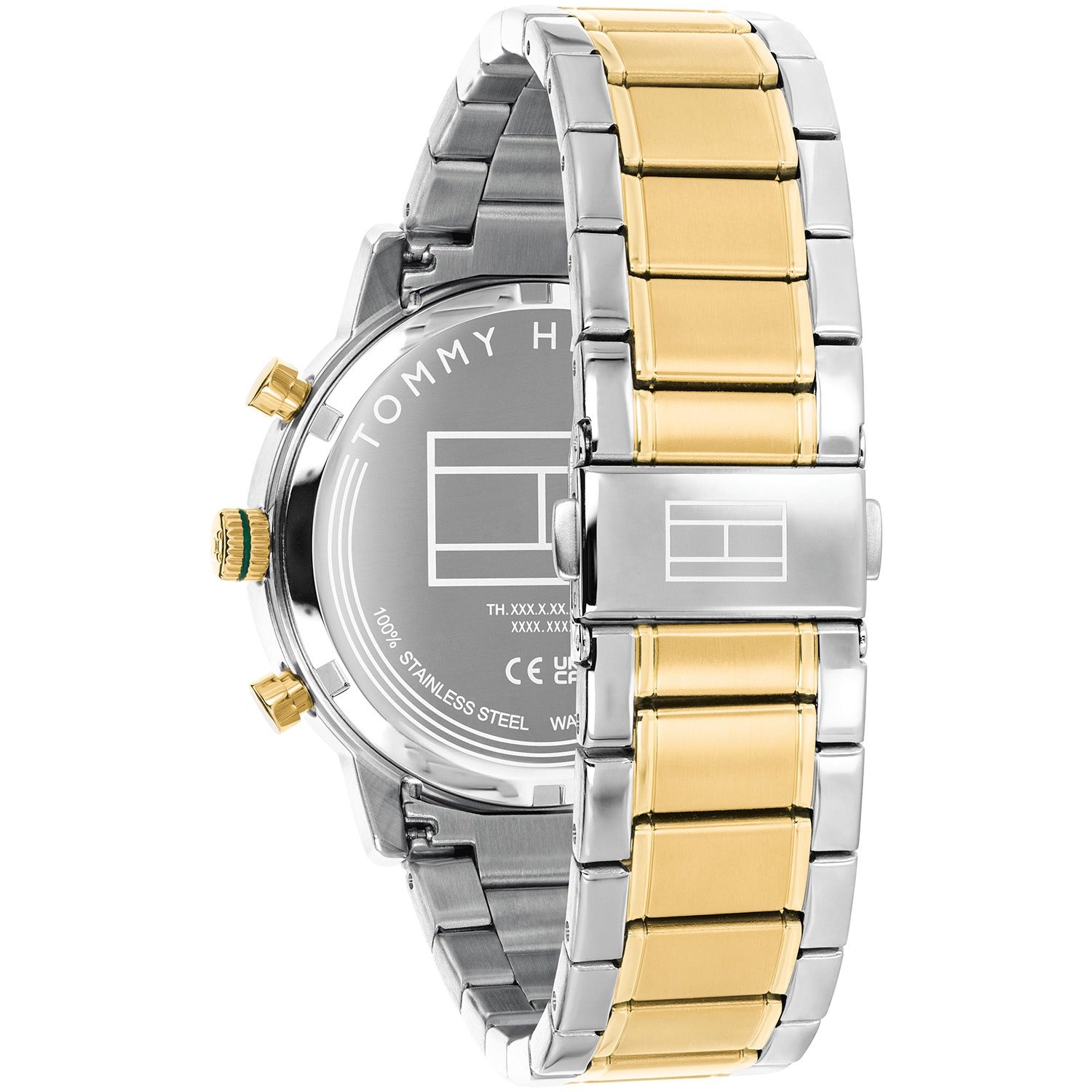 Herren-Chronograph von der Seite, Edelstahlarmband in Gold und Silber, grünes Zifferblatt