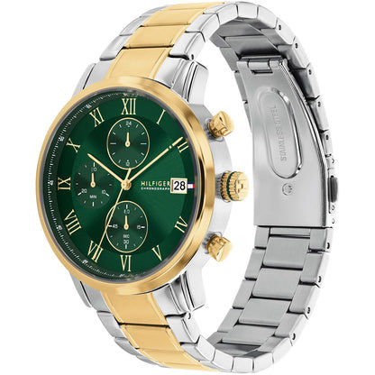 Herren-Chronograph mit grünem Zifferblatt, goldfarbener Lünette, silbernes Edelstahlarmband