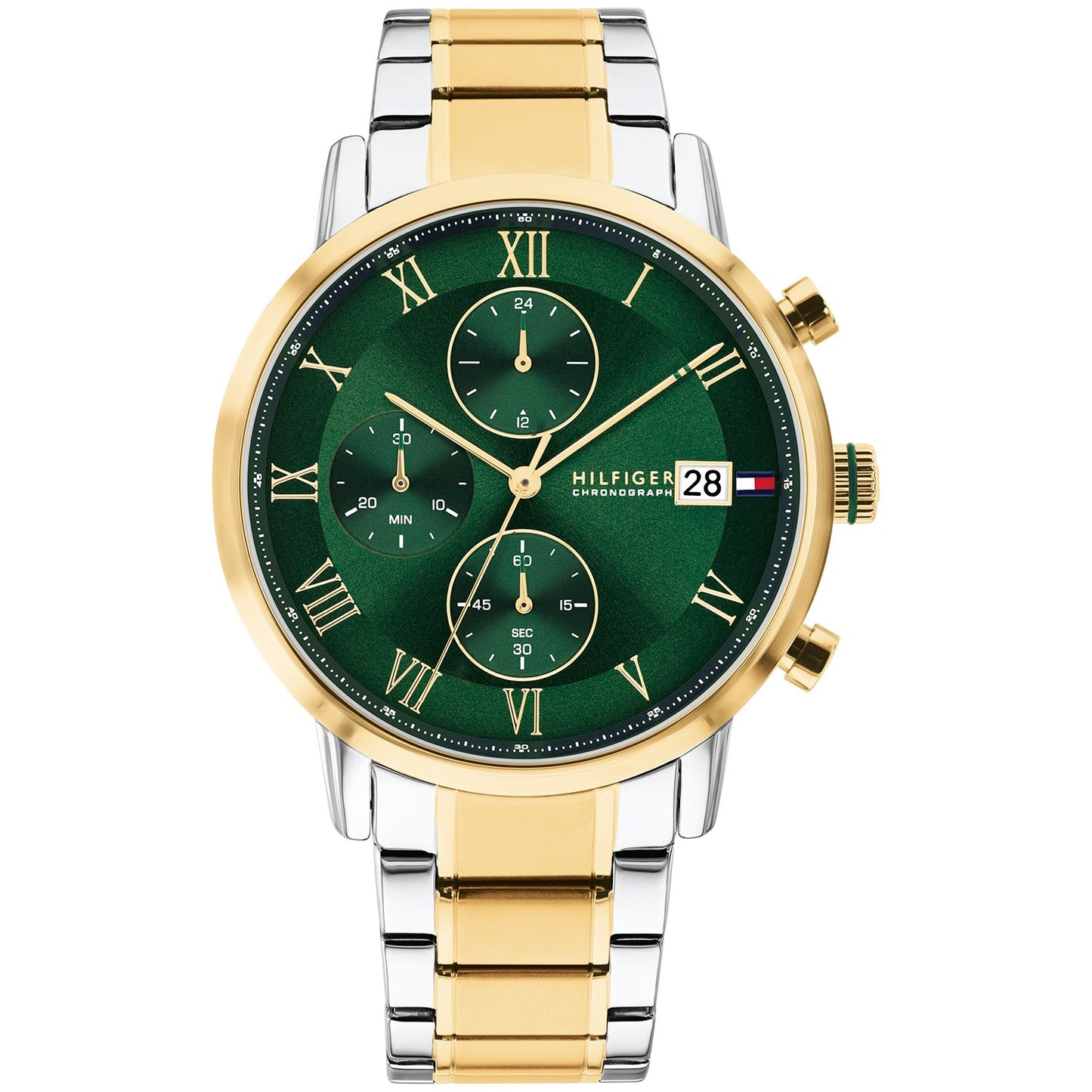 Herren-Chronograph: grünes Zifferblatt, gold-silbernes Edelstahlarmband, Mineralglas