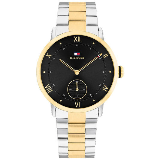 Tommy Hilfiger Herrenuhr mit schwarzem Zifferblatt, goldener Lünette und zweifarbigem Metallarmband