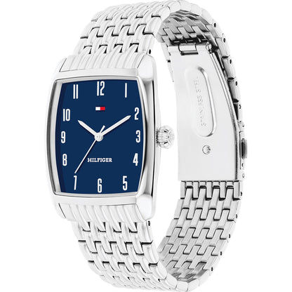 Tommy Hilfiger Herrenarmbanduhr mit blauem Zifferblatt und geflochtenem Edelstahlband.