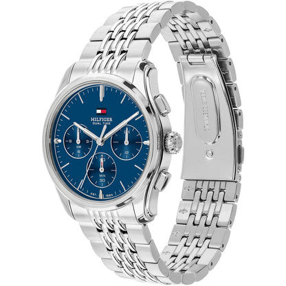 Herrenarmbanduhr mit blauem Zifferblatt, Chrono-Optik und silbernem Edelstahlarmband