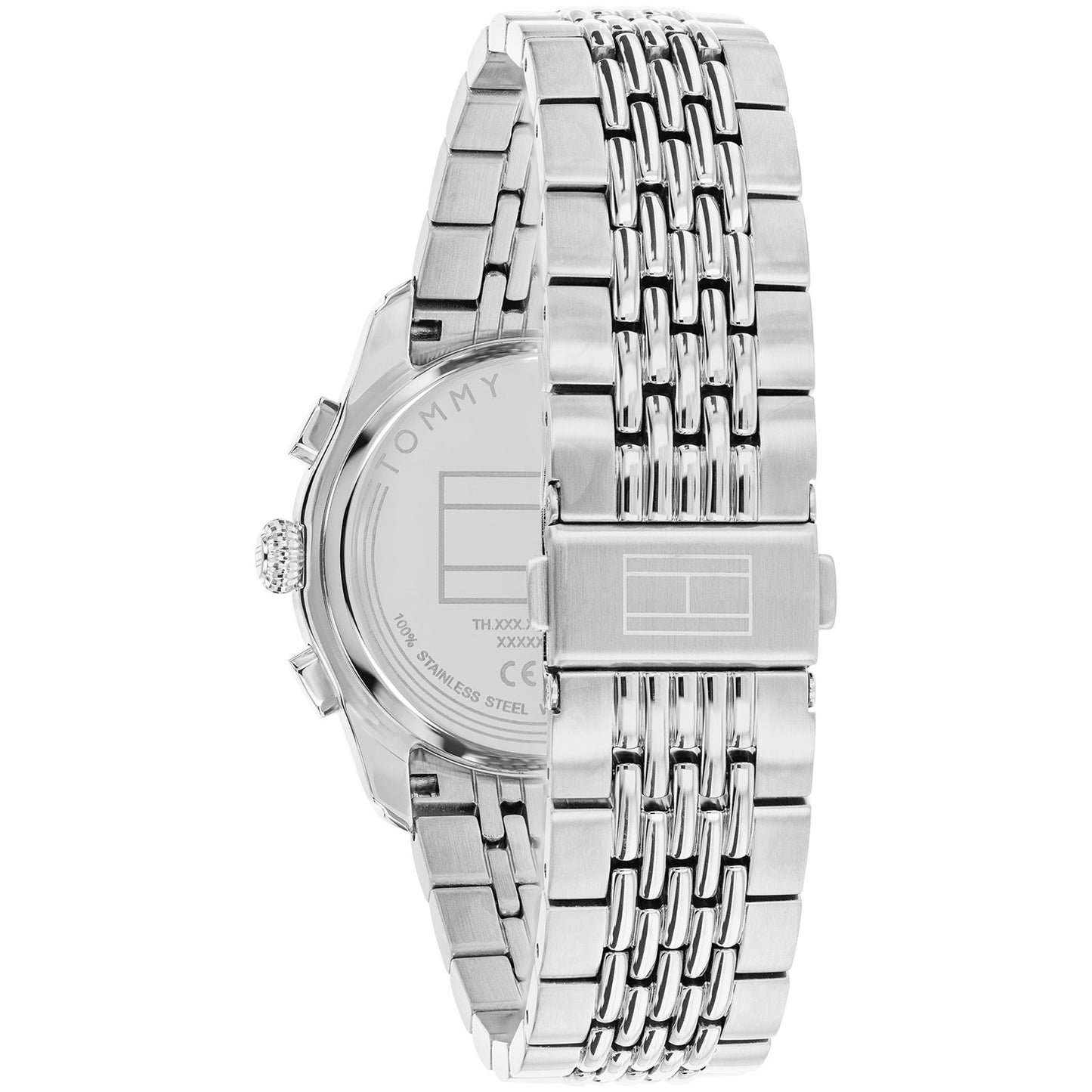 Herrenarmbanduhr Rückseite mit Edelstahlgehäuse und silbernem Metallarmband