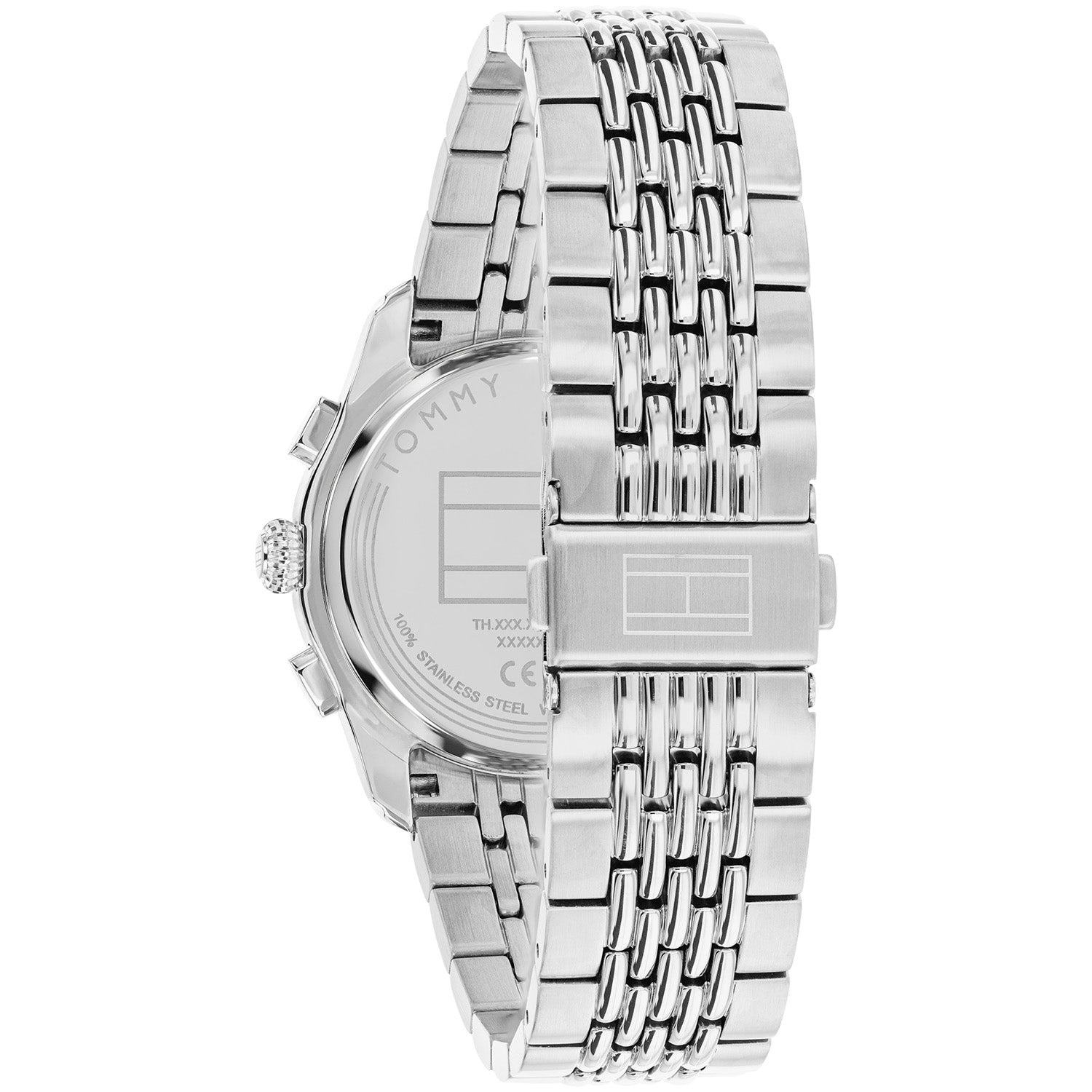 Herrenarmbanduhr Rückseite mit Edelstahlgehäuse und silbernem Metallarmband
