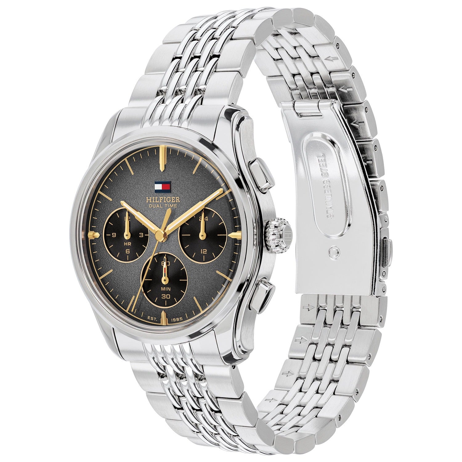 Tommy Hilfiger Herrenarmbanduhr Quarz, silbernes Edelstahlarmband, schwarzes Zifferblatt