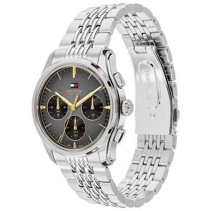 Tommy Hilfiger Herrenarmbanduhr Quarz, silbernes Edelstahlarmband, schwarzes Zifferblatt