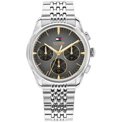 Tommy Hilfiger Herrenarmbanduhr: Stahlband, rundes schwarzes Zifferblatt, goldene Zeiger