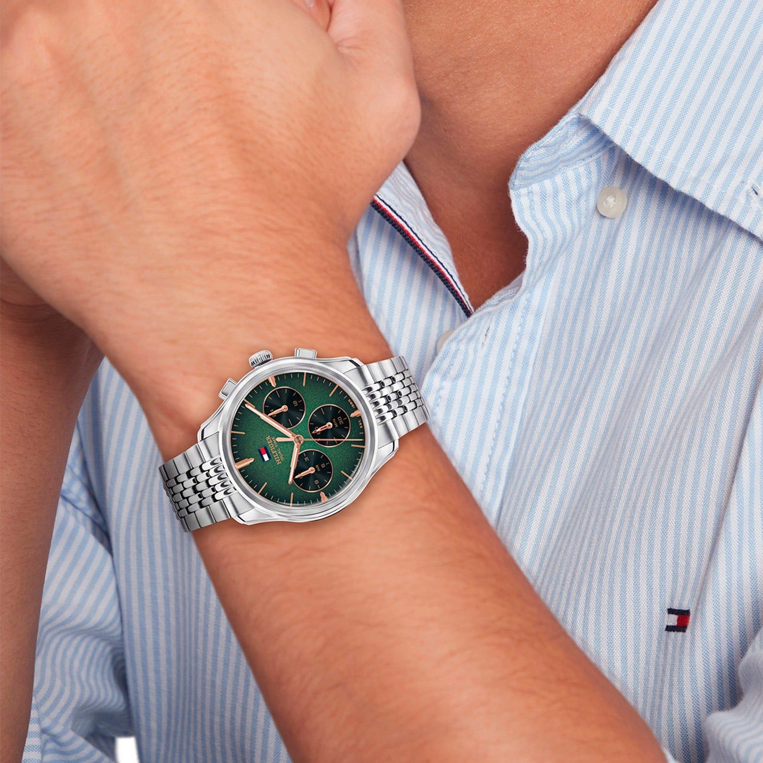 Tommy Hilfiger Bryant Herrenarmbanduhr mit grünem Zifferblatt und Edelstahlarmband