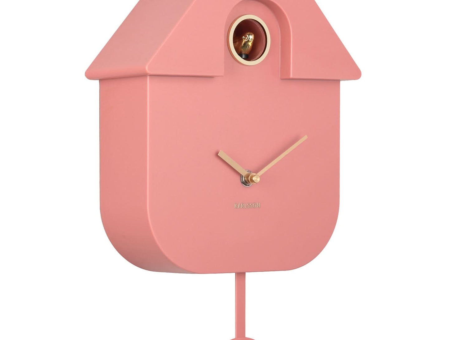Horloge murale rose en forme de maison avec fenêtre ronde et aiguilles dorées