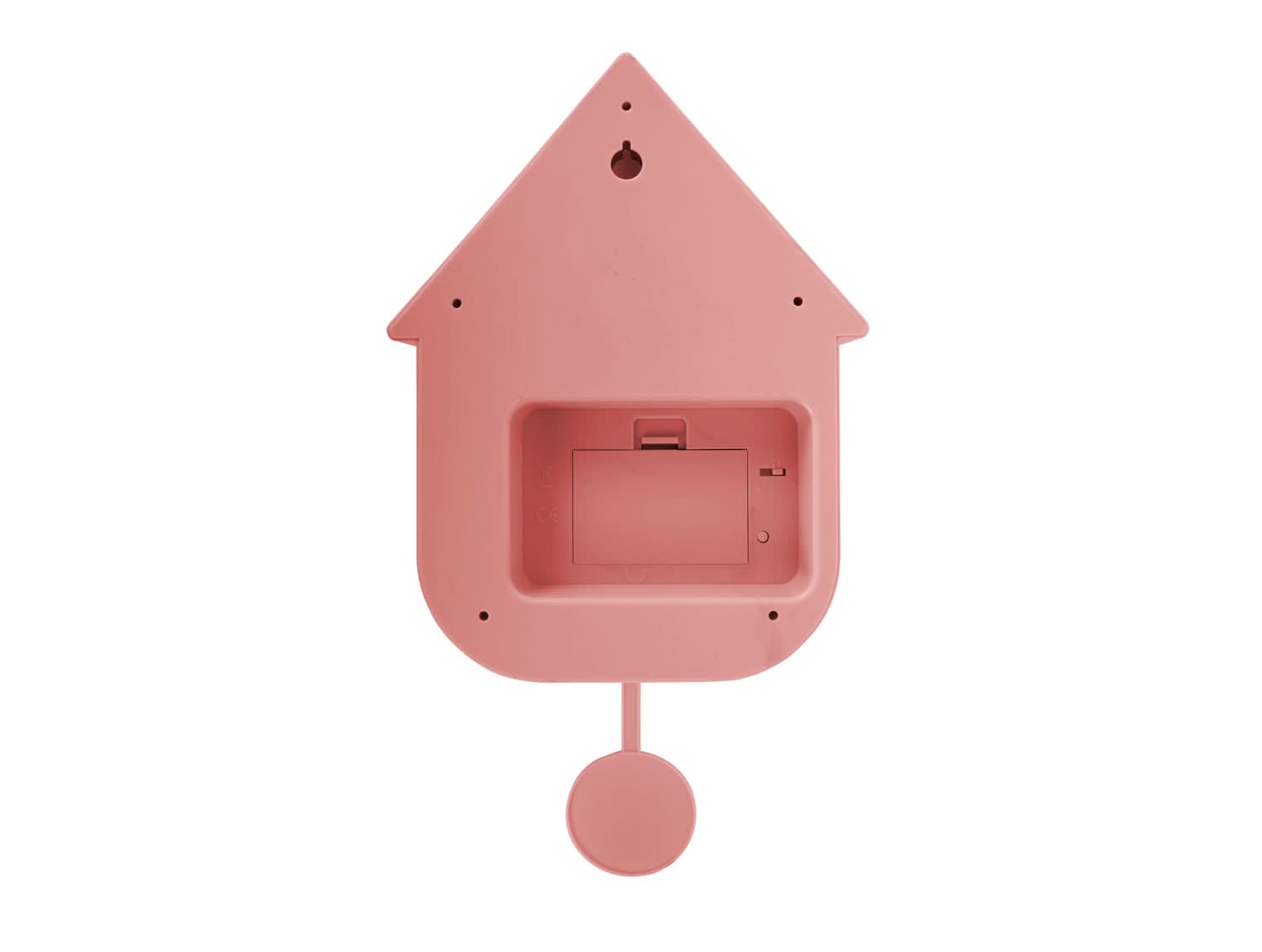 Horloge murale rose en forme de maison avec compartiment arrière ouvert et suspension
