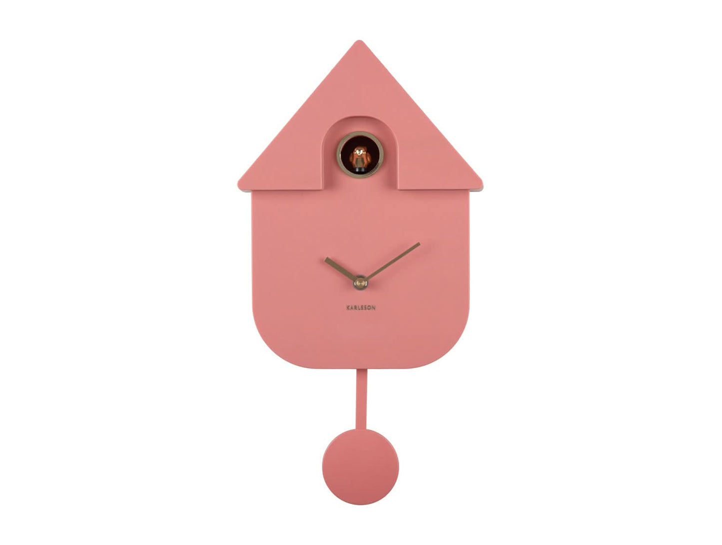 Horloge murale en forme de maison, de couleur rose, avec pendule et aiguilles