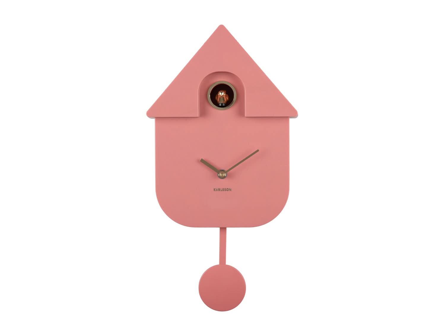 Horloge murale en forme de maison, de couleur rose, avec pendule et aiguilles