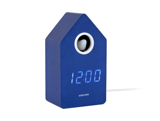 Réveil Karlsson LED design maison de coucou : boîtier bleu avec ouverture ronde et écran LED