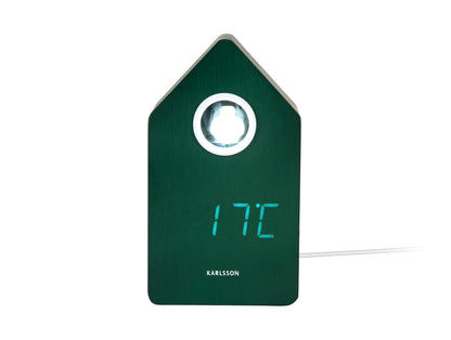 Réveil rétro LED avec boîtier de maison vert, fenêtre lumineuse ronde et affichage 1:7