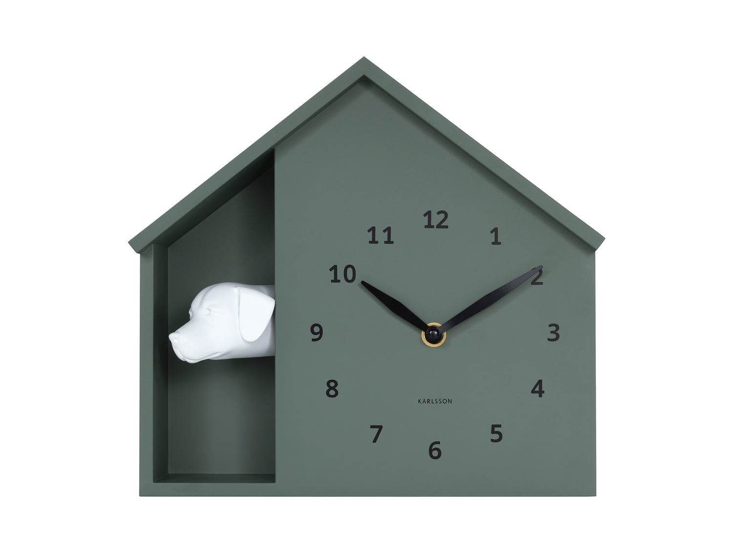 Horloge murale design maison, vert foncé ; chien qui regarde, cadran avec aiguilles