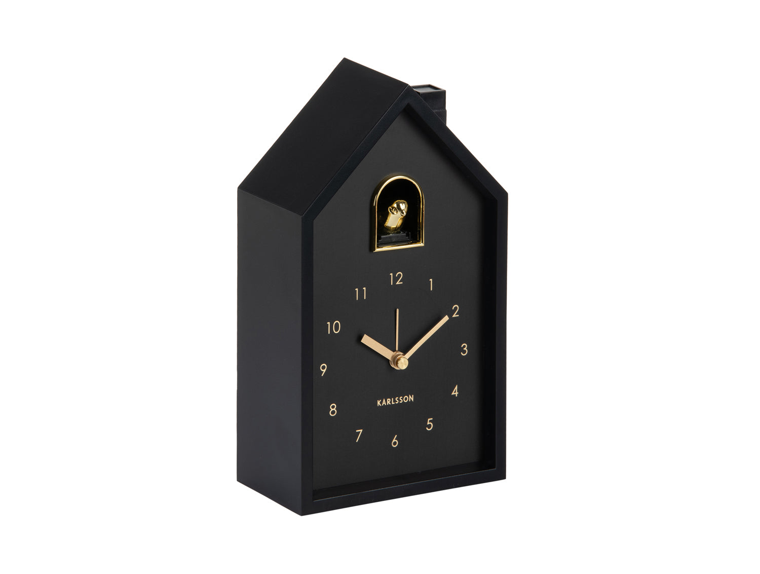 Réveil moderne type maison, noir avec cadran doré