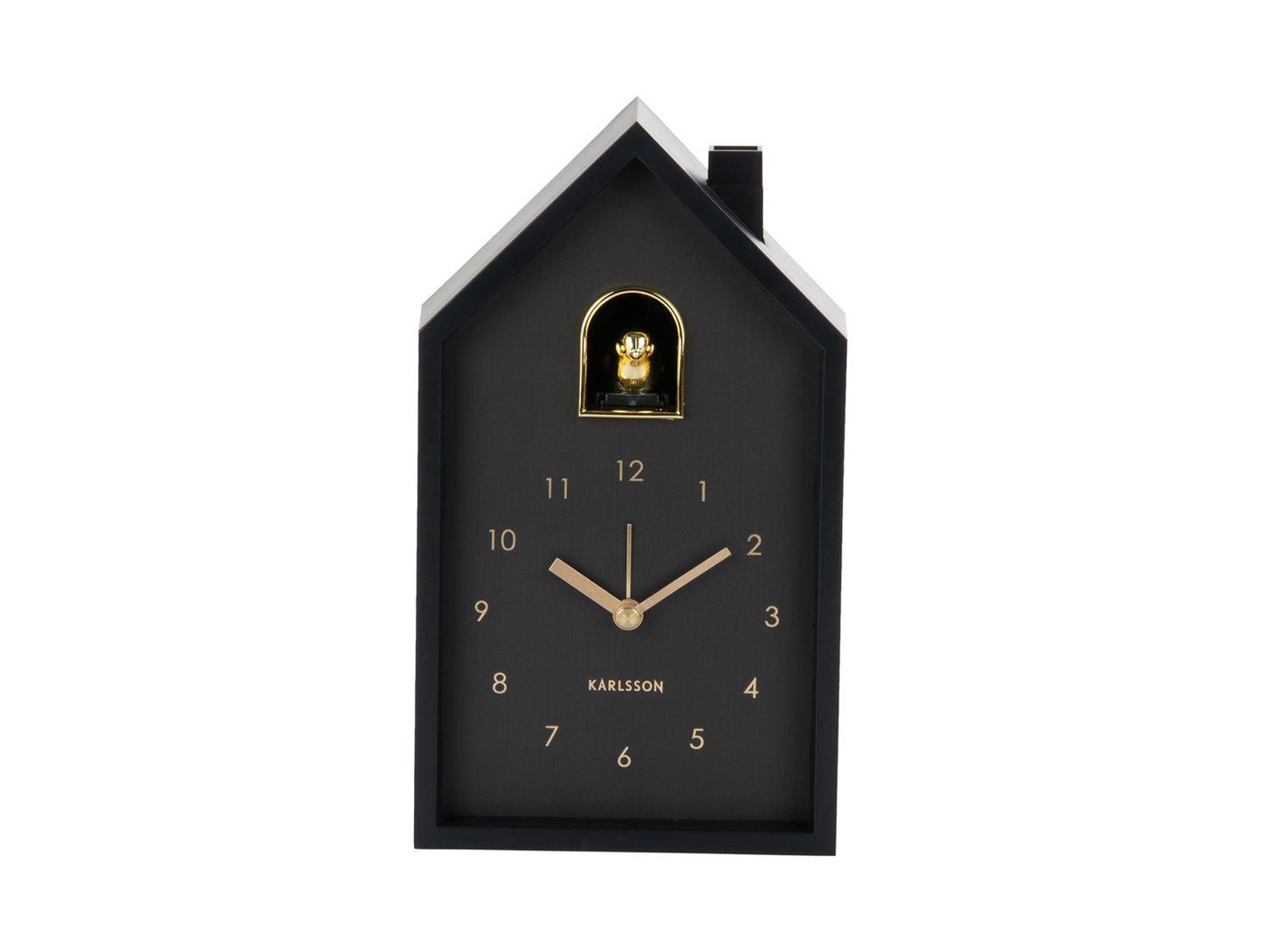 Réveil coucou style maison, boîtier noir avec fenêtre de cloche dorée