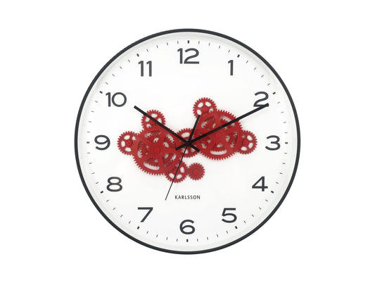 Horloge murale avec mécanisme d'engrenage rouge, bordure noire et chiffres arabes