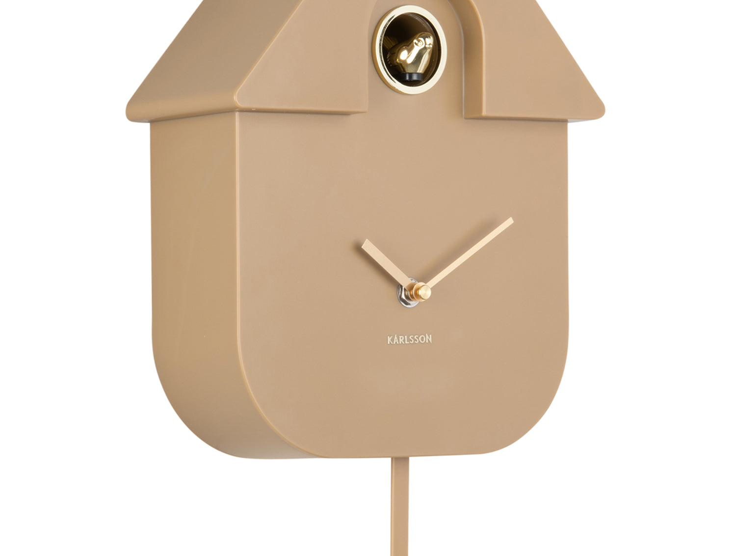 Horloge murale en forme de maison, brun moka, gros plan du cadran avec logo de la marque