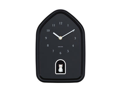 Horloge murale noire avec motif de chat et affichage de l'heure, boîtier en forme de goutte