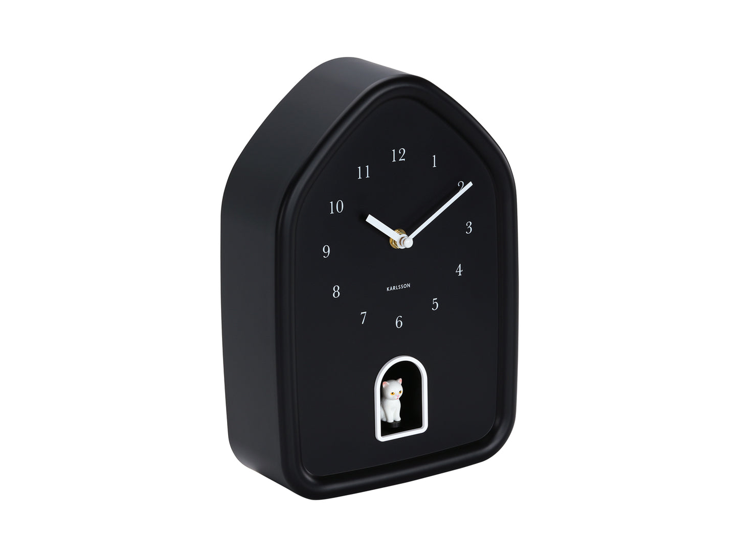 Horloge murale noire avec motif de chat, boîtier ovale et aiguilles blanches