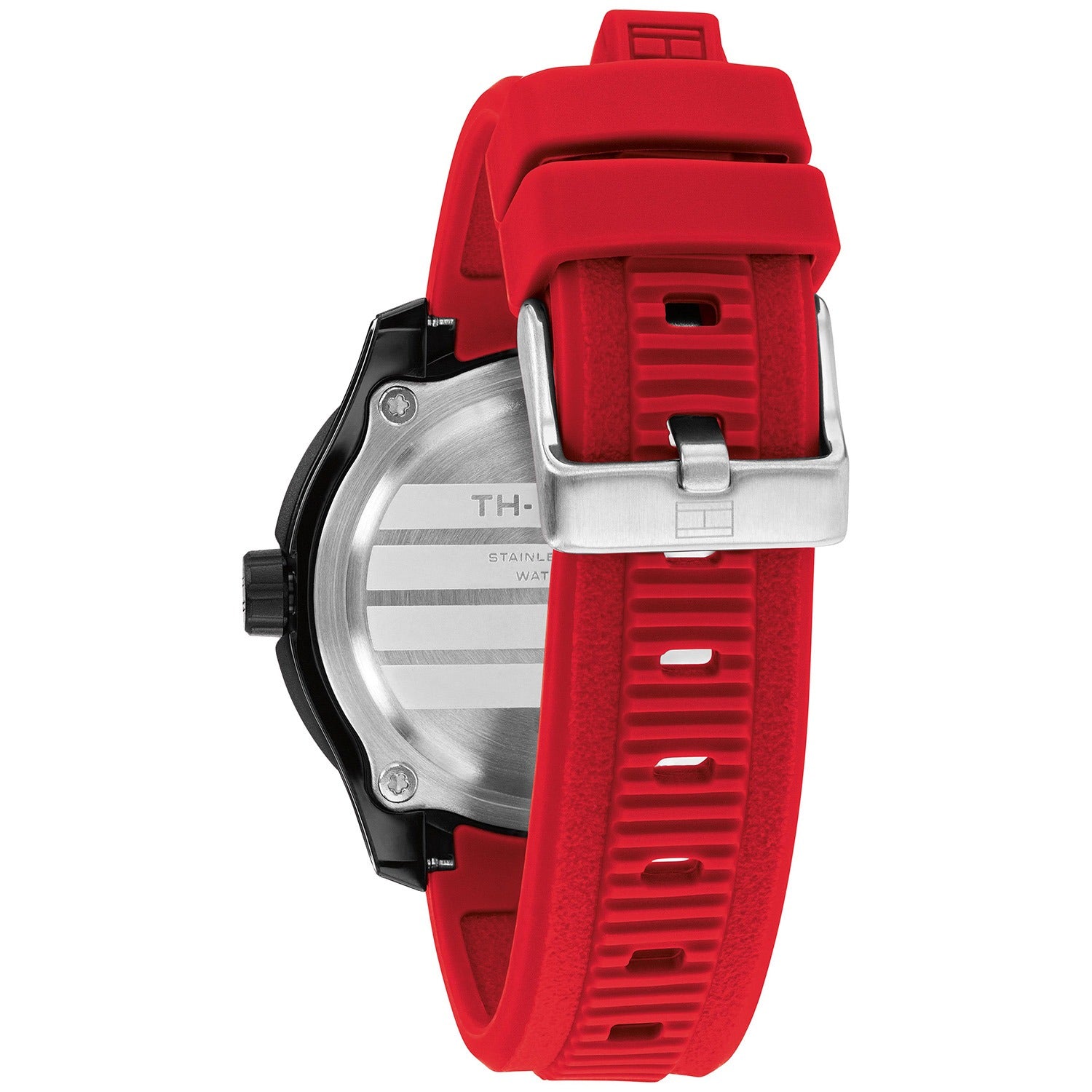Tommy Hilfiger Regatta Armbanduhr, Seitenansicht mit rotem Silikonband und silbernem Gehäuse