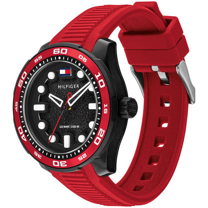 Tommy Hilfiger Regatta Herrenarmbanduhr mit roter Lünette, schwarzem Zifferblatt und Silikonband