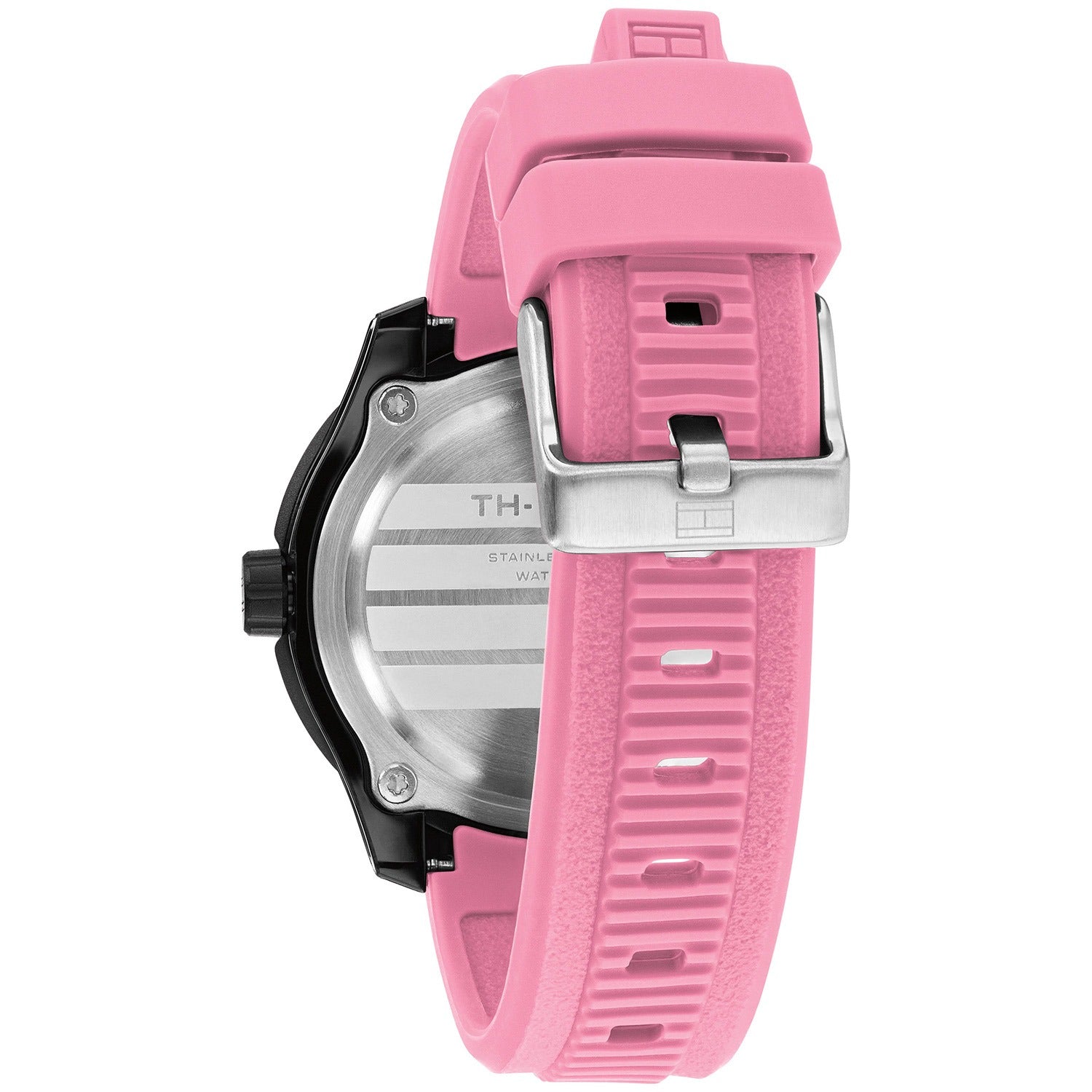 Tommy Hilfiger Regatta Armbanduhr: Gehäuse mit rosa Silikonarmband und Verschluss auf Rückseite