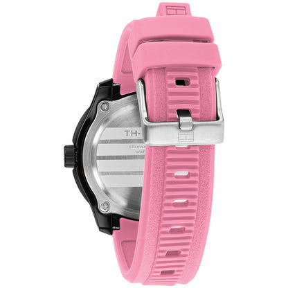 Tommy Hilfiger Regatta Armbanduhr: Gehäuse mit rosa Silikonarmband und Verschluss auf Rückseite