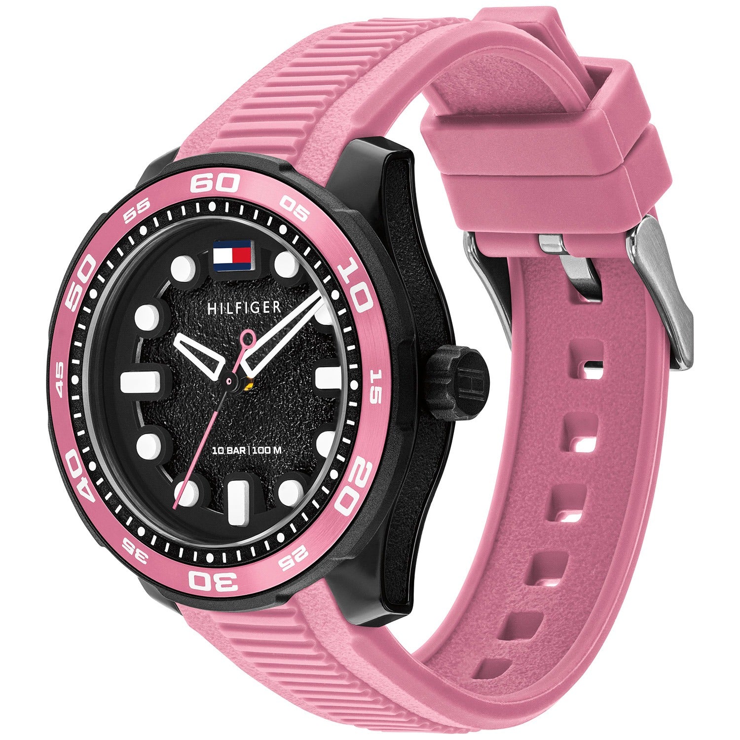 Tommy Hilfiger Regatta Armbanduhr mit schwarzem Zifferblatt, pinker Lünette und rosa Silikonband