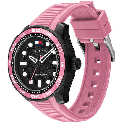 Tommy Hilfiger Regatta Armbanduhr mit schwarzem Zifferblatt, pinker Lünette und rosa Silikonband