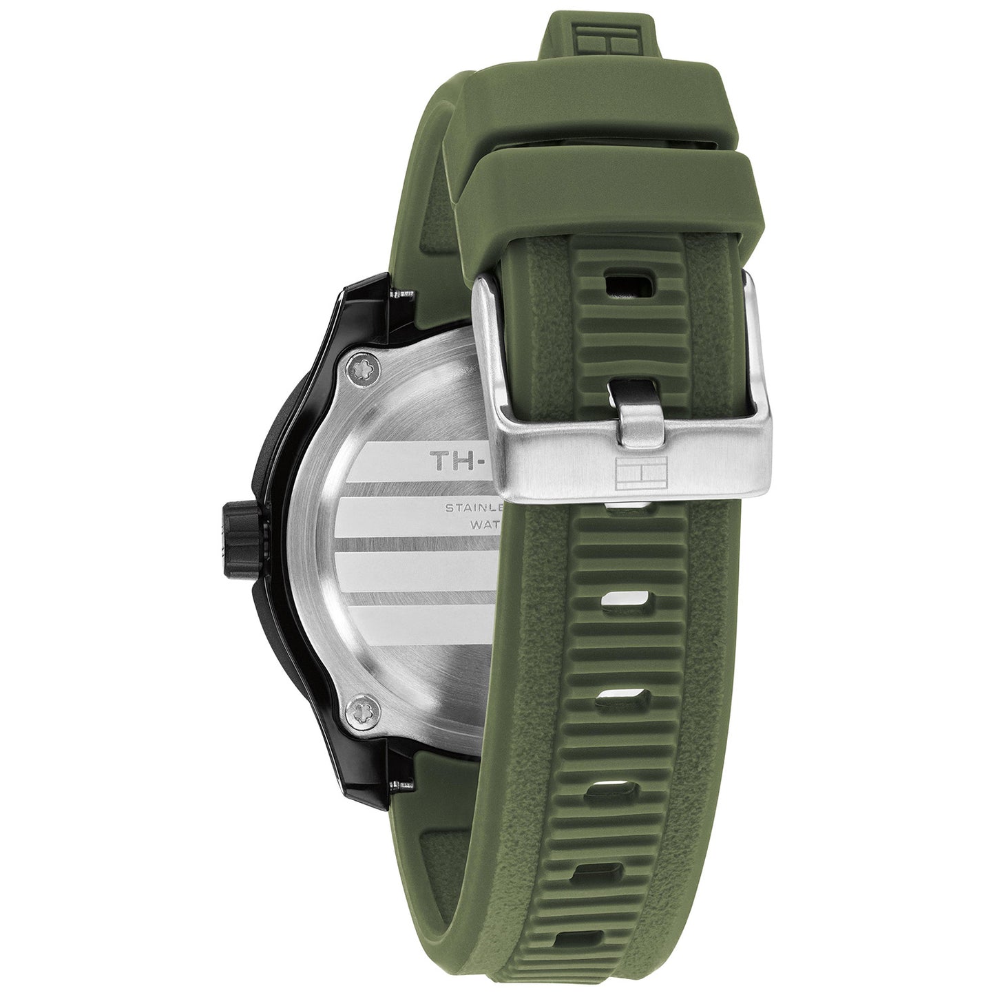 Tommy Hilfiger Armbanduhr Rückansicht mit silbernem Gehäuse und grünem Silikonarmband