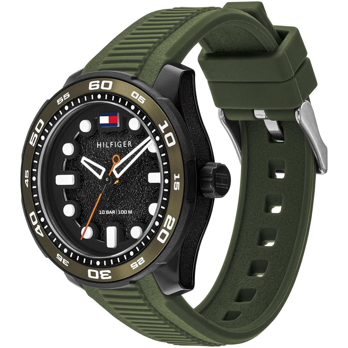 Tommy Hilfiger Armbanduhr mit schwarzem Zifferblatt, Leuchtmarkierungen und grünem Kautschukband