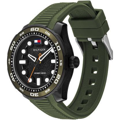 Tommy Hilfiger Armbanduhr mit schwarzem Zifferblatt, Leuchtmarkierungen und grünem Kautschukband