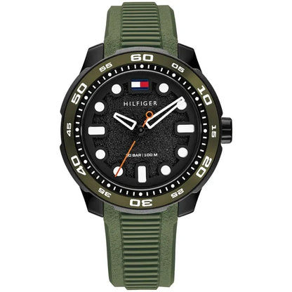 Tommy Hilfiger Armbanduhr: grünem Silikonband, schwarzes Zifferblatt, orange Akzente