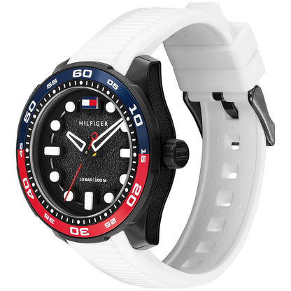 Herrenarmbanduhr Tommy Hilfiger mit schwarzem Zifferblatt, blauer/roter Lünette, weißem Band