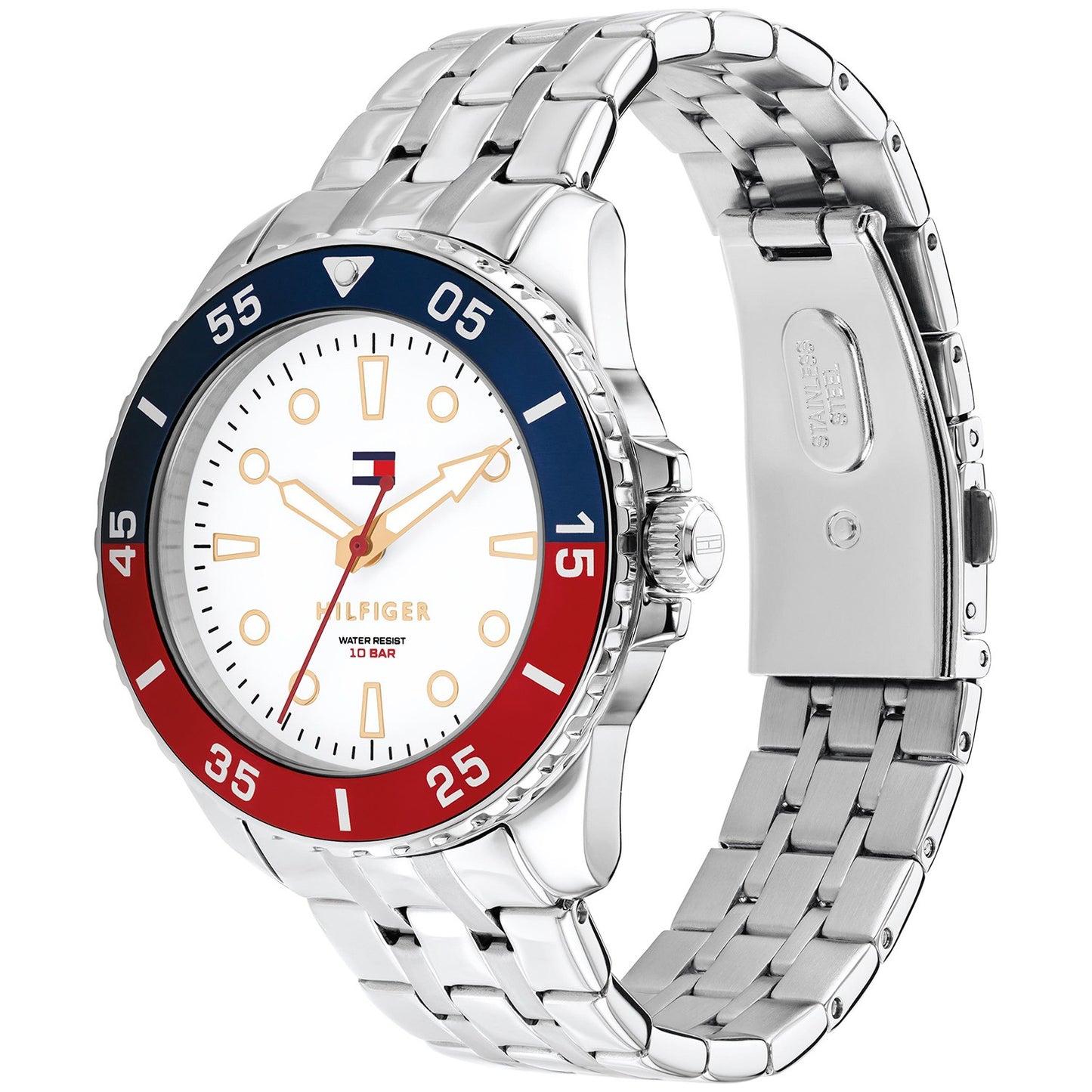 Tommy Hilfiger Jugendarmbanduhr: Seitenansicht, blau-weißes Zifferblatt, Stahlband