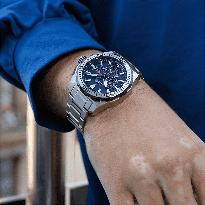 Herren-Armbanduhr mit blauem Zifferblatt und Chronograph, Edelstahlarmband