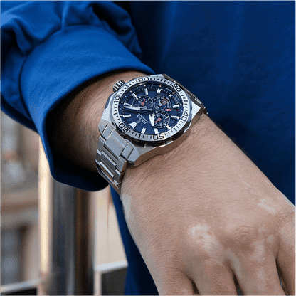 Herren-Armbanduhr mit blauem Zifferblatt und Chronograph, Edelstahlarmband