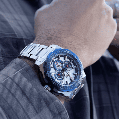 Herren-Armbanduhr mit blauem Lünette und Chronograph, Edelstahlarmband